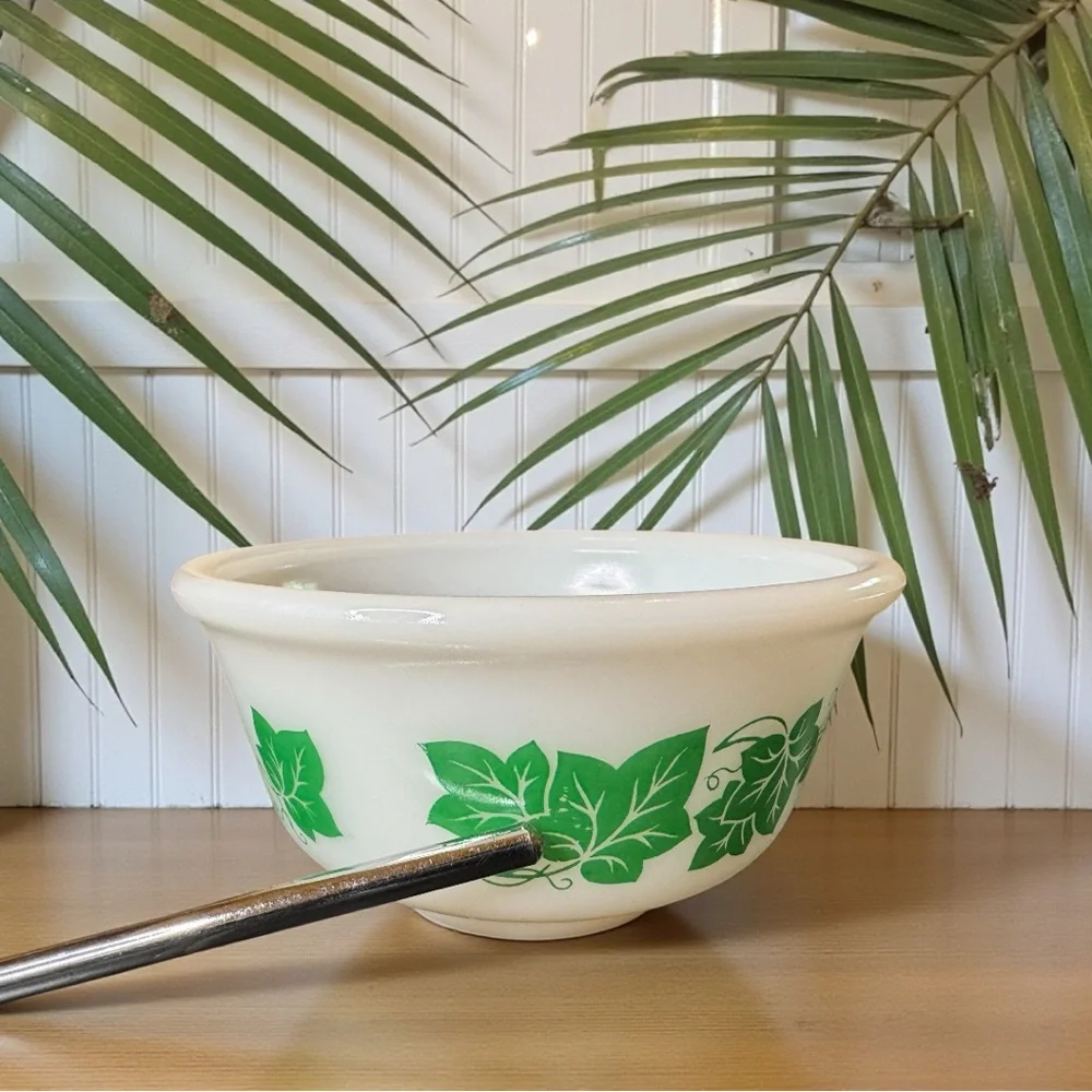 Vintage Hazel Atlas “Ivy” Small Mixing Bowl – Green Leaf Pattern – Milk Glass